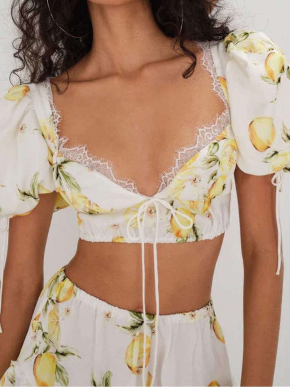 For Love & Lemons White Lemon-Print Lace-Trim Cropped Alana Top